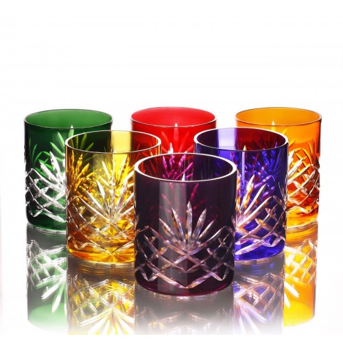 Timeless 24% Lead Crystal Multicoloured Thick Rimm Whisky Glasses, Set of 6 