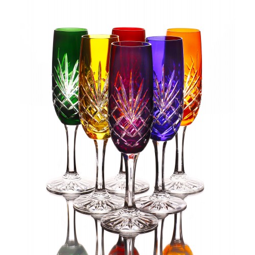 Timeless Multicoloured 24 Lead Crystal Champagne Glasses, Set of 6